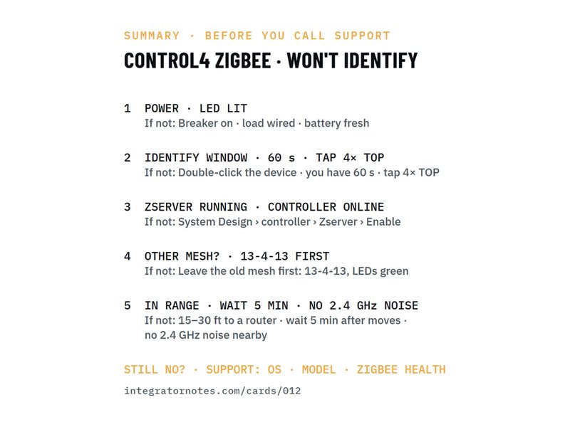 Field card 012: Zigbee device won't identify
